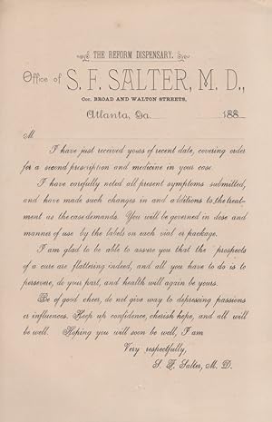 Bild des Verkufers fr Ca. 1880's Printed broadside from "The Reform Dispensary Office of S. F. Salter, M.D., Atlanta Georgia" zum Verkauf von Americana Books, ABAA