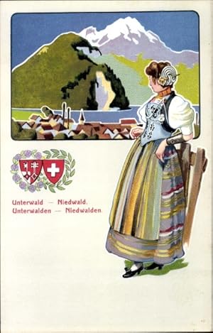 Bild des Verkufers fr Wappen Ansichtskarte / Postkarte Unterwalden Niedwalden Kanton Nidwalden, Frau in Tracht, Wappen zum Verkauf von akpool GmbH