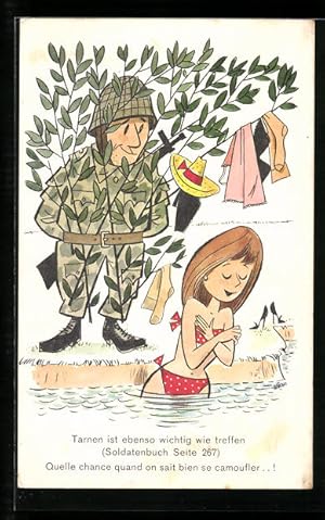 Imagen del vendedor de Knstler-Ansichtskarte Tarnen ist ebenso wichtig wie treffen, schweizer Soldat beobachtet badende Frau a la venta por Bartko-Reher