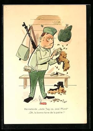 Bild des Verkufers fr Knstler-Ansichtskarte Heimaterde, Jede Tag ca. zwei Pfund, schweizer Soldat beim Stiefel putzen zum Verkauf von Bartko-Reher
