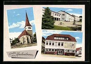 Ansichtskarte Schorndorf-Haubersbronn, Schule, Rathaus und Kirche im Wieslauftal