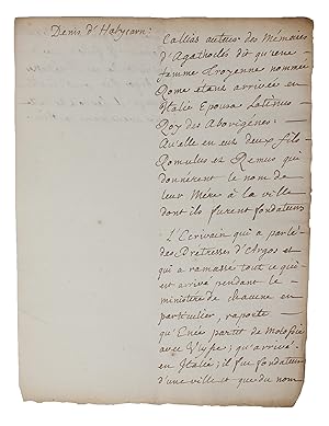 Original handwritten manuscript-leaf in Rousseau's hand concerning Rome, the mother of Romulus an...