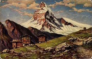 Künstler Ansichtskarte / Postkarte Hoy, W., Blick auf das Matterhorn, Holzhütten