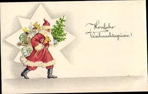 Ansichtskarte / Postkarte Frohe Weihnachten, Weihnachtsmann mit Tannenbaum, Geschenke