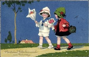 Künstler Ansichtskarte / Postkarte Baumgarten, Fritz, Glückwunsch Geburtstag, Kinder mit Blumenst...