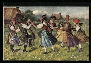 Bild des Verkufers fr Knstler-Ansichtskarte Georg Mhlberg: Kinder tanzen Ringe-Reihe zum Verkauf von Bartko-Reher