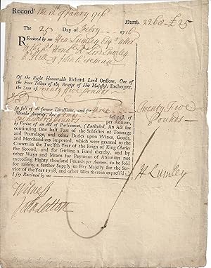 Seller image for [The man who saved William of Orange from capture: Brigadier General Henry Lumley.] Autograph Signature ('H Lumley') to Exchequer receipt for 25. With signature of witness John Letton. for sale by Richard M. Ford Ltd