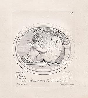 Seller image for Les Armes de Mr. de Calviere" - putto / putti / Amor / Eros / Mythology / Mythologie for sale by Antiquariat Steffen Vlkel GmbH