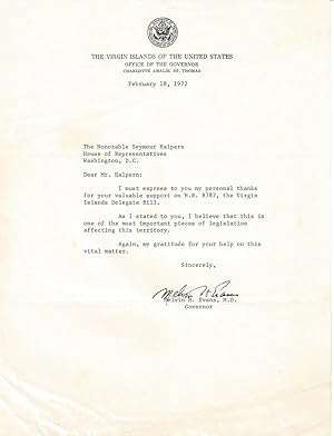 TYPED LETTER SIGNED by the first elected GOVERNOR OF THE US VIRGIN ISLANDS MELVIN H. EVANS.