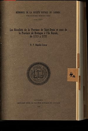 Seller image for Les Rcollets de la Province de Saint-Denis et ceux de la Province de Bretagne  l'Ile royale, de 1713  1731. for sale by Antiquariat Bookfarm