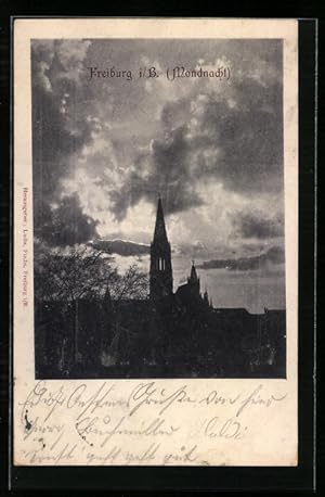 Bild des Verkufers fr Ansichtskarte Freiburg i. B., Mondnacht zum Verkauf von Bartko-Reher