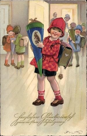 Präge Künstler Ansichtskarte / Postkarte Baumgarten, Fritz, Einschulung, Mädchen mit Zuckertüte, ...