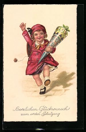 Ansichtskarte Fröhliches Mädchen mit Zuckertüte