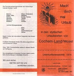 Immagine del venditore per Mach dochmal Urlaub in den idyllischen Urlaubsorten von Cochem-Land / Mosel. Unterkunftsverzeichnis 1974. (Prospekt) venduto da Schrmann und Kiewning GbR