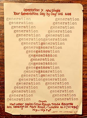 1977 ORIGINAL FLYER 'GENERATION X NEW SINGLE - YOUR GENERATION - DAY BY DAY CHS 2165' CHRYSALIS/ ...