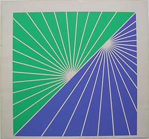 Konstruktive Komposition, zwei aufgehende Sonnen, Orig. Serigrafie in grün und blau, 1967.