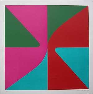 Konstruktive Komposition, Gebogene Formen. Orig. Serigrafie in Rot, rosa, Blau und grün.