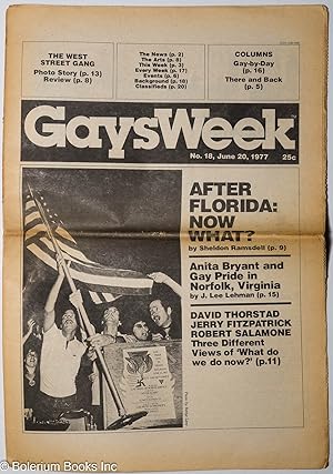 Bild des Verkufers fr Gaysweek: #18, June 20, 1977; After Florida: Now What? Anita Bryant and Gay Pride, Norfolk, Virginia zum Verkauf von Bolerium Books Inc.