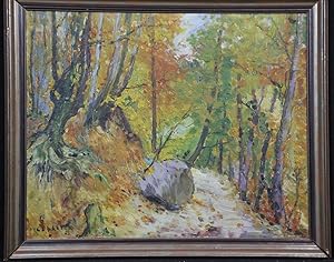 Herbstlicher Wald. Impressionistes Ölgemälde auf Pappe. Links unten signiert und datiert: