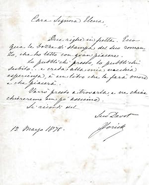 Bild des Verkufers fr Lettera autografa firmata. 12 Marzo 1878. zum Verkauf von DARIS SAS