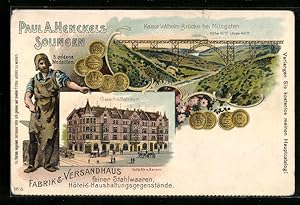 Lithographie Solingen, Stahlwaren Paul A. Henckels, Geschäftshaus, Schmied, Kaiser Wilhelm-Brücke...