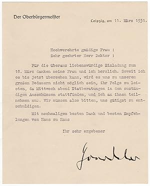 Bild des Verkufers fr Goerdeler, Carl Friedrich (1884-1945) - Rare typed letter signed by the resistance fighter zum Verkauf von Andreas Wiemer Historical Autographs