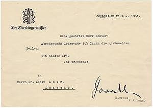 Bild des Verkufers fr Goerdeler, Carl Friedrich (1884-1945) - Rare typed letter signed by the resistance fighter zum Verkauf von Andreas Wiemer Historical Autographs