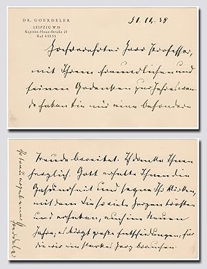 Bild des Verkufers fr Goerdeler, Carl Friedrich (1884-1945) - Excellent autograph letter signed zum Verkauf von Andreas Wiemer Historical Autographs