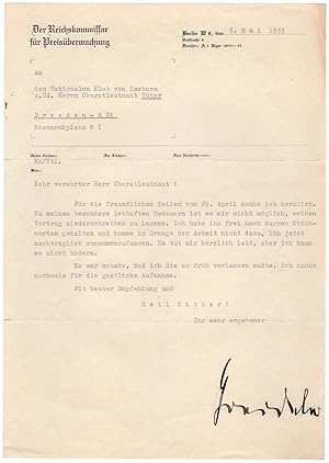 Bild des Verkufers fr Goerdeler, Carl Friedrich (1884-1945) - Rare typed letter signed by the resistance fighter zum Verkauf von Andreas Wiemer Historical Autographs