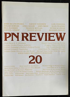 Bild des Verkufers fr PN Review 20 Volume 7 Number 6 1981 / Luis Cernuda "The Nihjtingale On The Rock" (poem) / Idris Parry "Belvedere Hercules" / Dick Davis "Lilac Time" / Donald Davie "Exacting Poetry" / Jeremy Hooker "Frances Bellerby In Place" / Jeffery Wainwright "Shelley's Political Poetry" / Douglas Oliver "John Riley" / Neil Powell "What Like Is - The Novels Of Martin Amais" / Michael Edwards "The Dialectic Of Translation" zum Verkauf von Shore Books