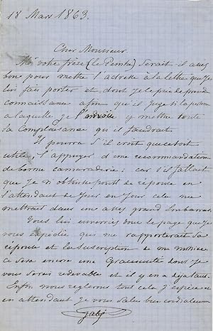 Nicolas Edward ou Edouard GABÉ lettre autographe signée