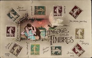 Briefmarken Ansichtskarte / Postkarte Langage des Timbres, Briefmarkensprache, Liebespaar