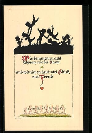 Bild des Verkufers fr Knstler-Ansichtskarte Georg Plischke: Wir kommen zu acht, schwarz wie die Nacht und wnschen heut viel Glck, viel Freud, Engel zum Verkauf von Bartko-Reher