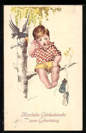 Bild des Verkufers fr Knstler-Ansichtskarte Hilla Peyk: Bube sitzt auf einem Ast und lauscht dem Piepen eines Raben zum Verkauf von Bartko-Reher