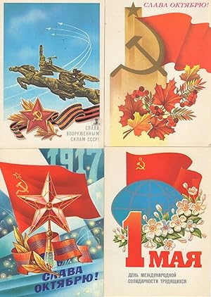 Soviet Union Flag Star Flowers Russian Flying Horse Statue 4x Postcard s