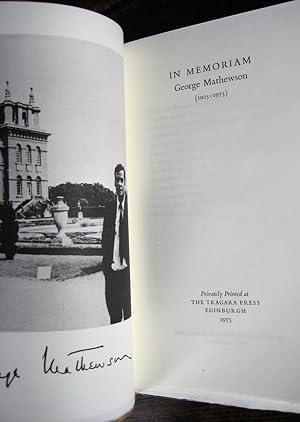 Immagine del venditore per In Memoriam George Mathewson (1925 1973): [an essay and three poems by George Mathewson, with letters to him from T.S. Eliot and Geraldine Farrar, and tributes from Ephraim Massey and others]. (Edited by Slava Klima & Irving Massey) venduto da James Fergusson Books & Manuscripts