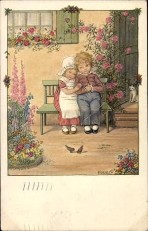 Seller image for Knstler Ansichtskarte / Postkarte Ebner, P., Kinder kuscheln im Garten, Liebespaar, Blumengarten, Vgel - Verlag: Munk 1158 for sale by akpool GmbH