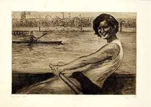 Signed, dated, original drypoint of a young woman rowing