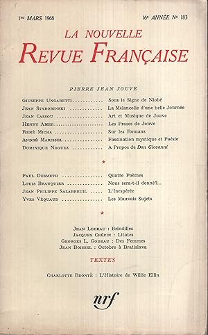 Seller image for La Nouvelle Revue Française Mars 1968 N° 183 for sale by PRISCA