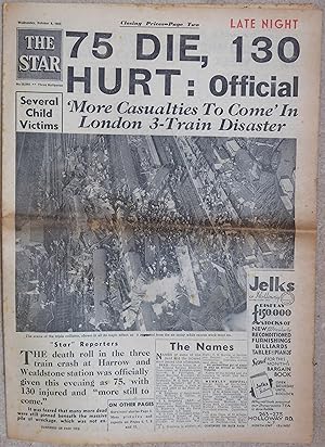 Imagen del vendedor de The Star No.20044 Wednesday, October 8, 1952 Late Night edition (Report on Harrow & Wealdstone Railway Accident) a la venta por Anvil Books