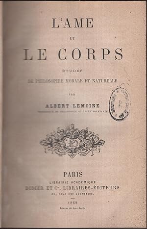 Immagine del venditore per L'me et le corps; tudes de philosophie morale et naturelle. venduto da PRISCA