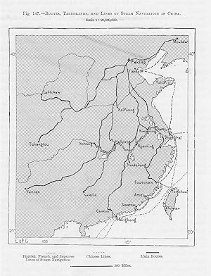 Routes,Telegraphs and Lines of Steam Navigation in China,Antique Travel Map