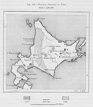 Mineral Deposits of the Island of Hokkaido in Japan,Antique Gelological Map