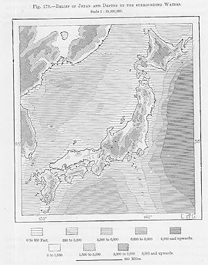 Relief of Japan and Depths of the surrounding waters,Antique Hydrology Map