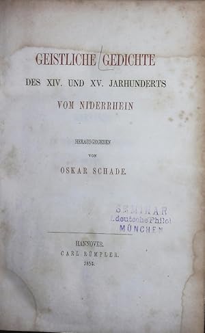 Bild des Verkufers fr GEISTLICHE GEDICHTE DES XIV. UND XV. JARHUNDERTS VOM NIDERMEIN. zum Verkauf von Antiquariat Bookfarm