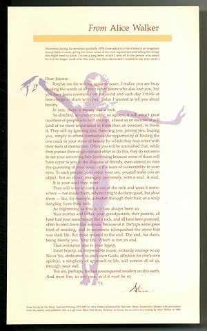 Imagen del vendedor de [Broadside, caption title]: From Alice Walker. [Sometime during the seventies (probably 1973) I was asked to write a letter to an imaginary young black woman, giving her some sense of my own experiences and telling her things she might need to know. I wrote a long letter, which I sent off to the person who asked for it (I no longer recall who this was), but then discovered I wanted to say even more.] a la venta por Between the Covers-Rare Books, Inc. ABAA