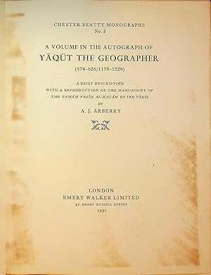 Immagine del venditore per A volume in the Autograph of Yaqut the Geographer. (574-626/1179-1229) venduto da Kutub Ltd