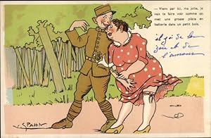 Künstler Ansichtskarte / Postkarte Spahn, Französischer Soldat mit dicker Frau