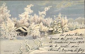 Künstler Litho Dorfpartie im Winter, Winterszene, Wohnhaus, Schnee