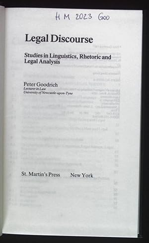 Bild des Verkufers fr Legal Discourse: Studies in Linguistics, Rhetoric, and Legal Analysis. zum Verkauf von books4less (Versandantiquariat Petra Gros GmbH & Co. KG)